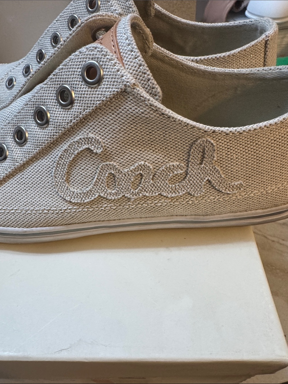 Coach Beige Canvas Slip-On Sneakers with Tan Leather Logo - Picture 2 of 7